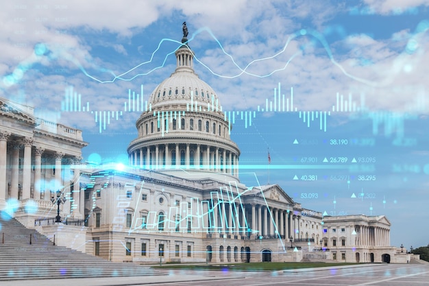 Capitool koepel gebouw buitenkant Washington DC VS Huis van het congres Capitol Hill Amerikaans politiek systeem Forex grafiek hologram Het concept van internethandelmakelaardij en fundamentele analyse