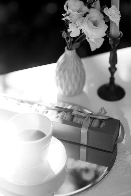 Cappuccino on the background of painted tablecloths