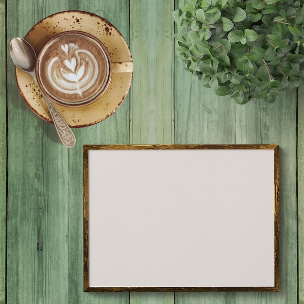 Foto caffè cappuccino e una cornice vuota su sfondo verde in legno