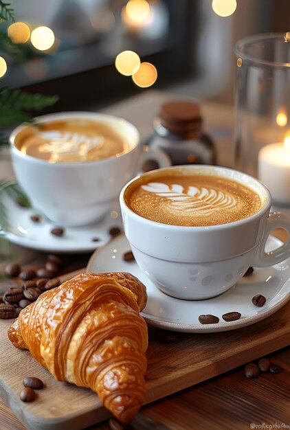 Photo cappuccino coffee and croissant on the table with christmas tree and bokeh background