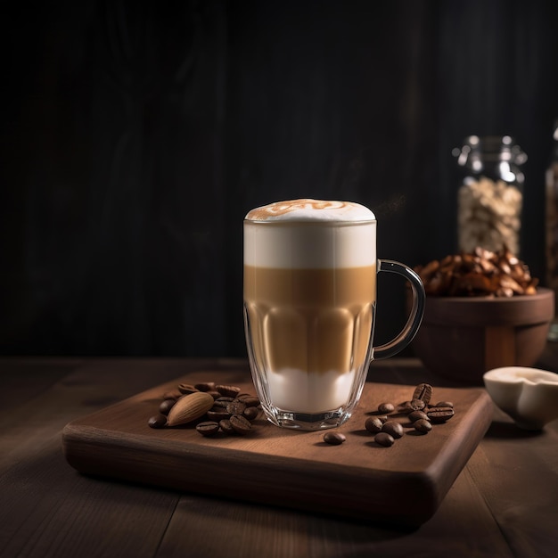 Cappuccino Coffee in a large glass cup closeup on a blurred dark bar background