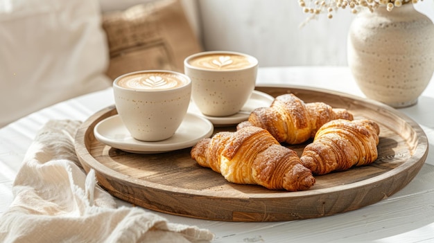 Foto coppa di cappuccino e croissant sul vassoio di legno