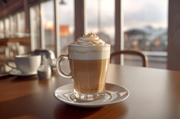 Cappuccino in a glass cup on the table in cafe with AI generated