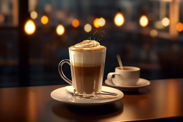 Cappuccino in een glazen beker op tafel in café met AI gegenereerd