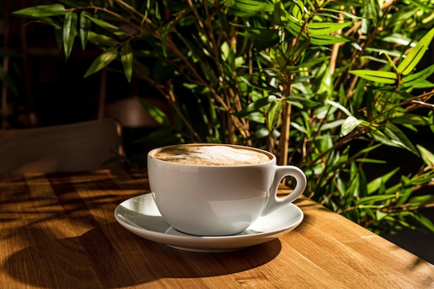 Cappuccino in een witte kop op een houten tafel in een restaurant groene plant op de achtergrond hard licht en harde schaduwen