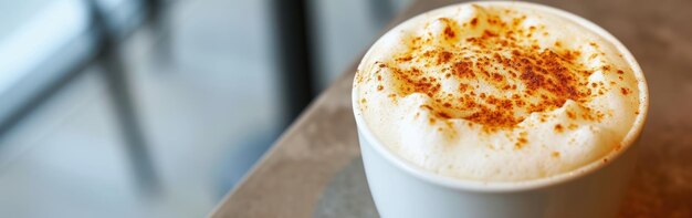 Cappuccino of latte koffie met slagroom in een witte beker op tafel Banner