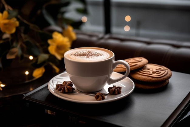Photo cappuccino with cookies and yellow flowers on a black background