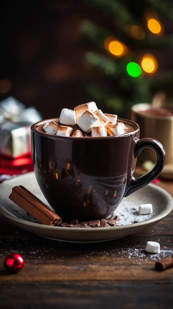 Cappuccino with marshmallow in glasses and candy cane on wooden table