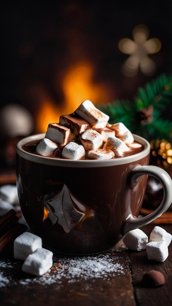 Cappuccino with marshmallow in glasses and candy cane on wooden table