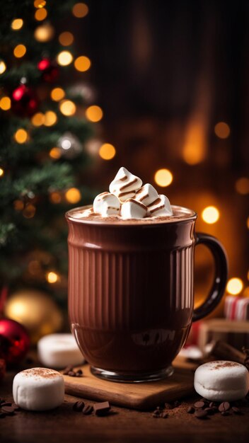 Photo cappuccino with marshmallow in glasses and candy cane on wooden table