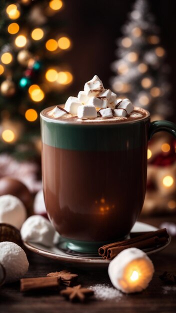 Cappuccino with marshmallow in glasses and candy cane on wooden table