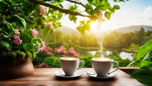 Cappuccino with a view wooden table in the garden