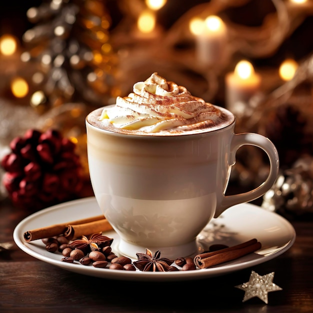 Photo cappuccino with whipped cream and cinnamon on christmas background
