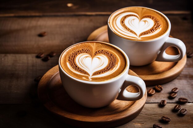 Cappuccinos with heart latte art