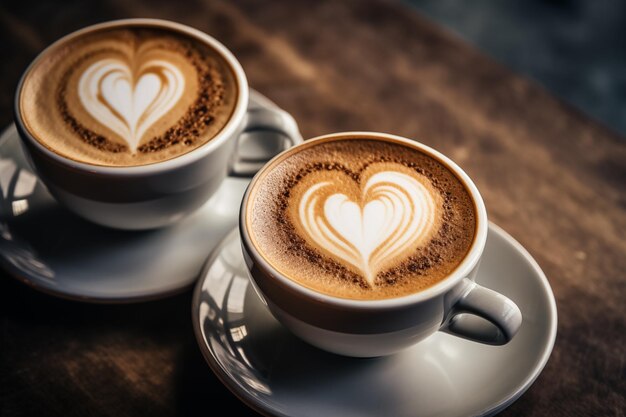 Cappuccinos with heart latte art