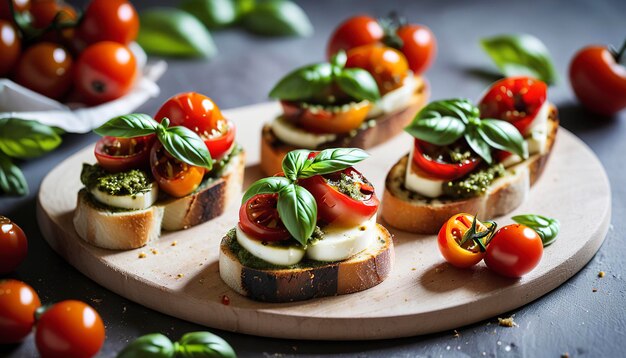 Caprese bruschetta с вишневыми помидорами, моцареллой и базиликовым песто