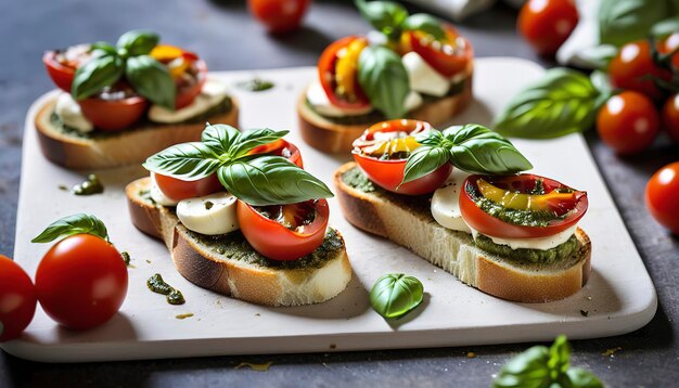 Caprese bruschetta с вишневыми помидорами, моцареллой и базиликовым песто