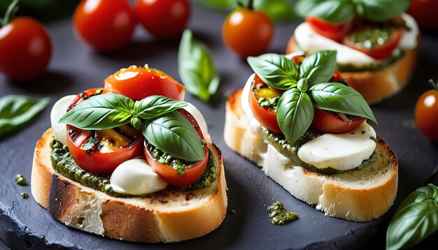 Caprese bruschetta с вишневыми помидорами, моцареллой и базиликовым песто