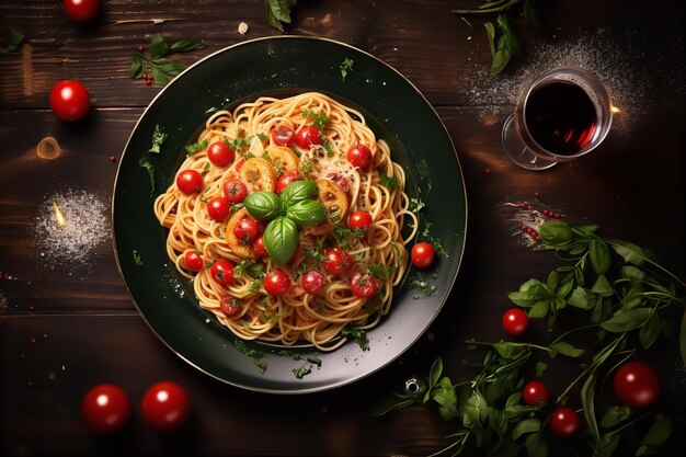 Caprese Chicken Pasta and Soda for Christmas Dinner on the Wooden Table with Christmas Decoration