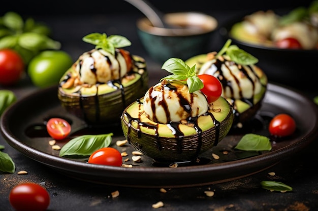 Caprese gevulde avocado met balsamische glazuur