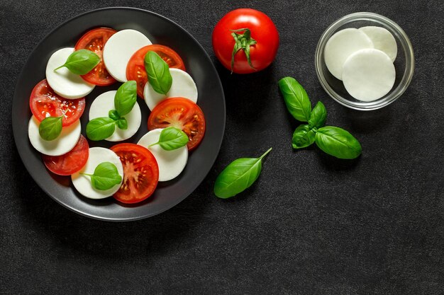 Caprese Italian antipasto appetizer with ingredients for cooking tomato mozzarella and basil on dark background top viewxA