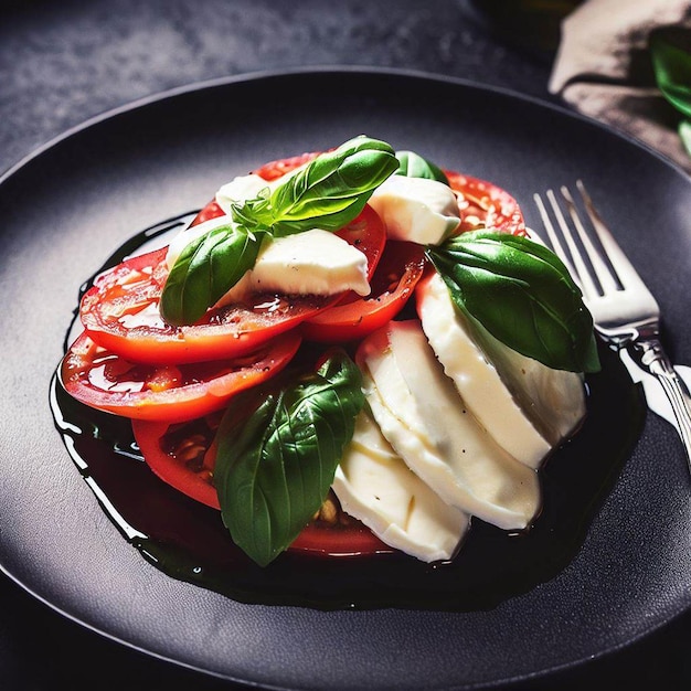 Caprese salad on a black plate