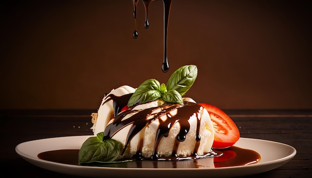 Caprese salad. Drizzling balsamic glaze over it. AI generative.