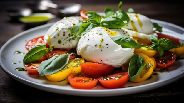 Photo caprese salad with mozzarella cheese tomatoes and basil generative ai