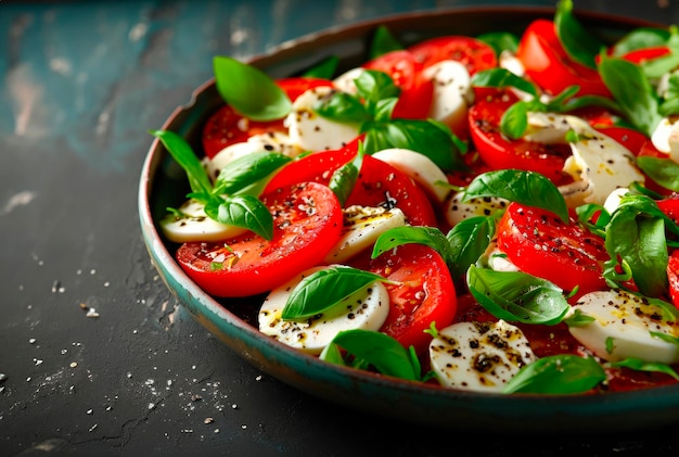 Foto insalata di caprese con olio d'oliva, pomodori salati, formaggio e basilico su un piatto sopra un tavolo.