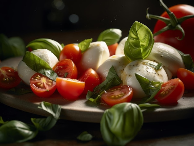 Caprese salad with perfectly sliced red ripe tomatoes fresh green basil leaves and creamy mozzarel