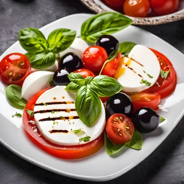 Photo caprese salad with tomatoes mozzarella cheese and basil