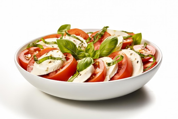 Caprese salade met tomaten mozzarella en basilicum witte geïsoleerde achtergrond