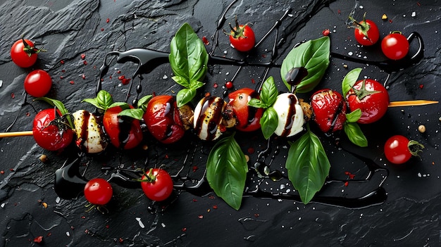 Caprese skewers with cherry tomatoes mozzarella balls and basil leaves drizzled with balsamic glaze