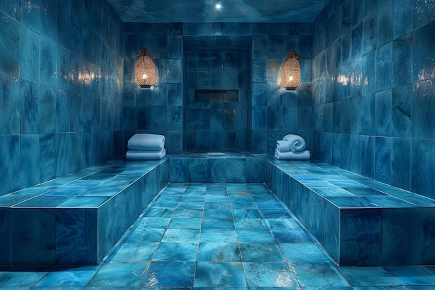 Foto piastrelle blu del bagno di capri in una spa di lusso che trasuda eleganza e pulizia