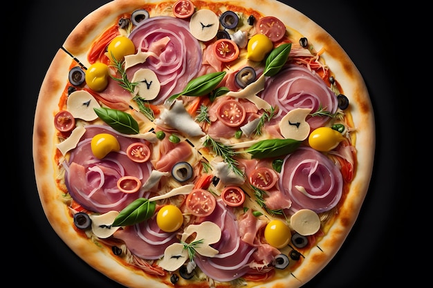 Capricciosa pizza made of ham and mushrooms. Traditional Italian pizza food photography