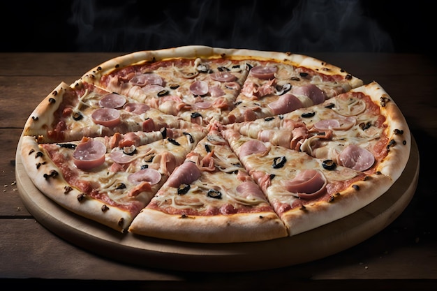 Capricciosa pizza made of ham and mushrooms. Traditional Italian pizza food photography
