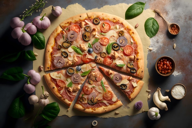 Capricciosa pizza made of ham and mushrooms. Traditional Italian pizza food photography