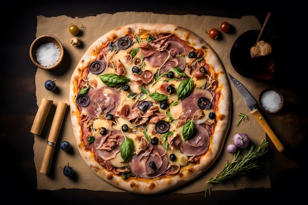 ハムとキノコのカプリチョーザピザ。伝統的なイタリアのピザ料理の写真