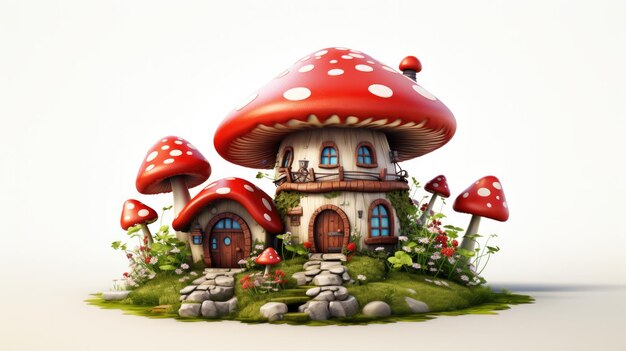 Capricious Home Adorable Cartoon Mushroom House Design Rood Reishi Mushroom Lingzhi op witte achtergrond