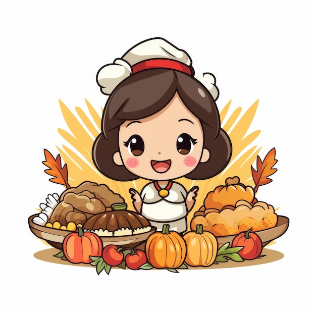 Capricious Thanksgiving Delight Adorable Cartoon Vector Illustratie in Kawaii stijl