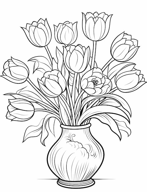 Capricious Tulip Bouquet CartoonStyle Kleurblad voor ontspannende volwassenen