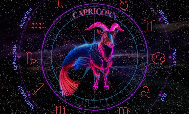 Foto segno zodiacale del capricorno illustrazione del simbolo del capricorro dell'oroscopo su un cosmo
