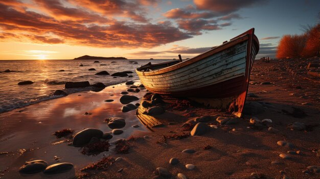 Photo capsized boat on a desolate beach at sunset