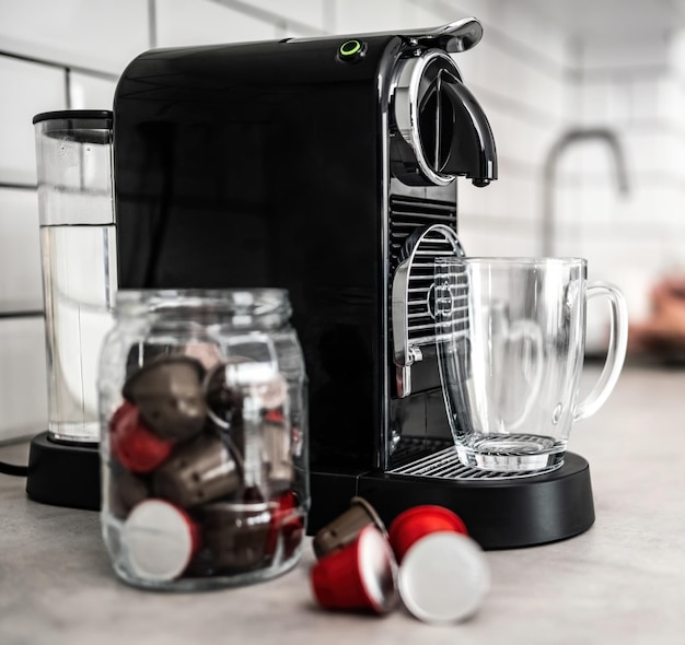 Capsule coffee machine at domestic kitchen