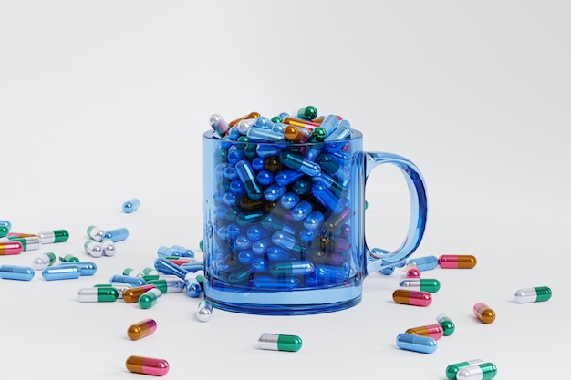 Capsule pills in glass mug on white background, healthcare medical concept, antibiotics and cure, 3d render