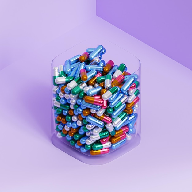 Foto pillole della capsula in vetro su fondo viola, concetto medico sanitario, antibiotici e cura, rendering 3d