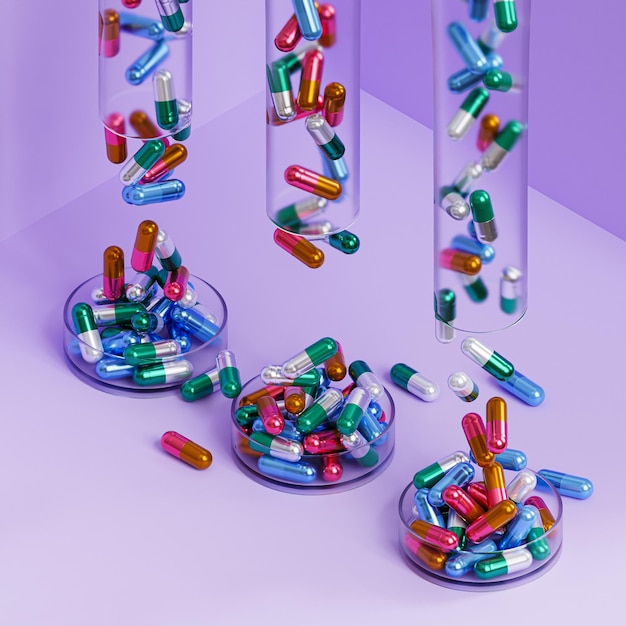 Capsule pills in glass on violet background, healthcare medical concept, antibiotics and cure, 3d render