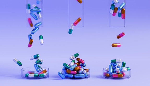 Foto pillole della capsula in vetro su fondo viola, concetto medico sanitario, antibiotici e cura, rendering 3d