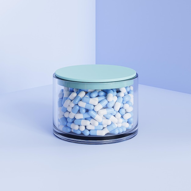 Capsule in vetro con coperchio su sfondo blu, concetto medico sanitario, antibiotici e cura, rendering 3d