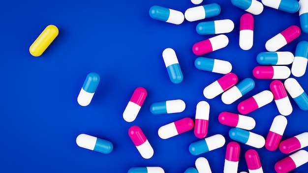 Capsule capsule rosse e blu e una gialla per medicina e sanità e farmaci con blu 3d